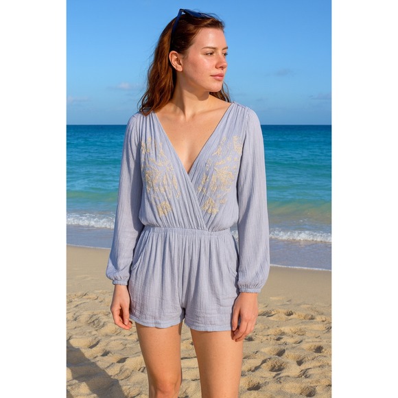 Free People Pants - Free People Women Small White Floral Cold Shoulder V-Neck Purple Romper Jumpsuit